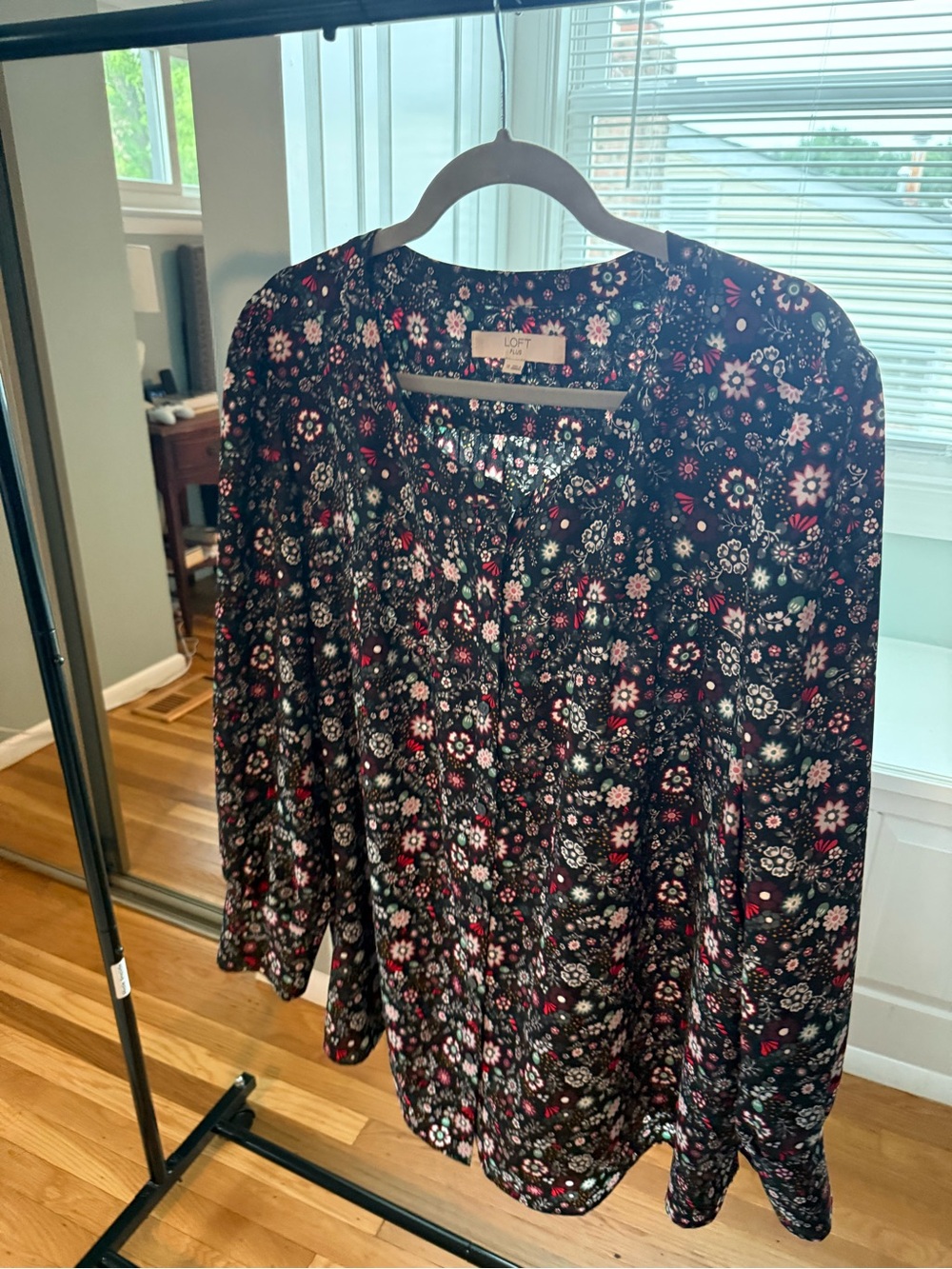 LOFT Black Floral Button-Up Blouse with Pink & White Blooms